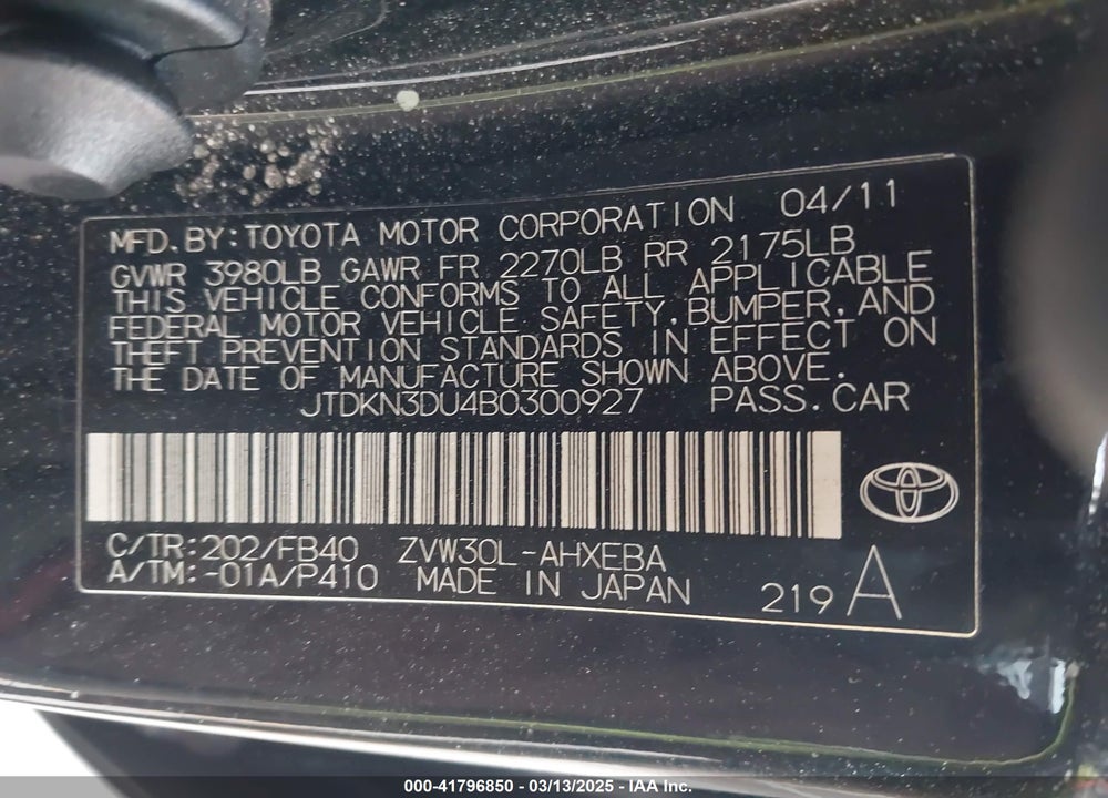 2011 TOYOTA PRIUS VIN: JTDKN3DU4B0300927
