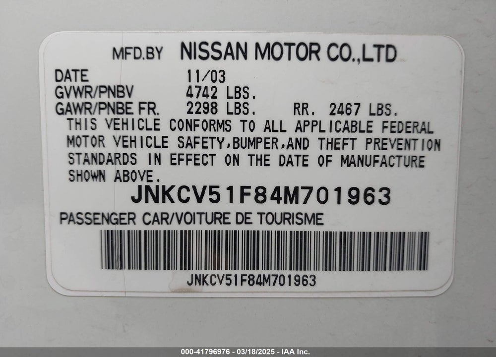 2004 INFINITI G35X VIN: JNKCV51F84M701963