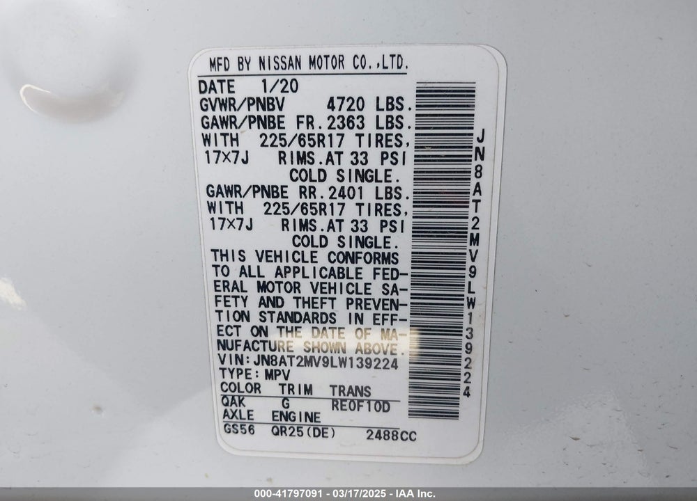 2020 NISSAN ROGUE VIN: JN8AT2MV9LW139224