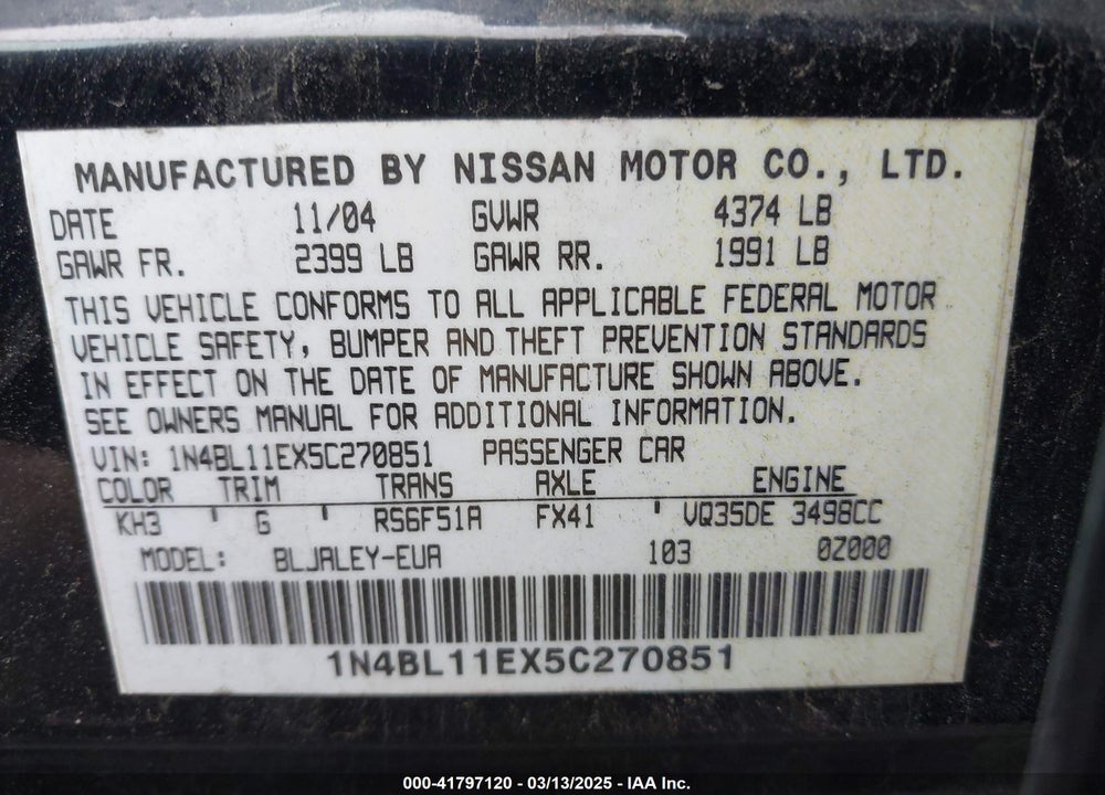 2005 NISSAN ALTIMA 3.5 SE-R VIN: 1N4BL11EX5C270851