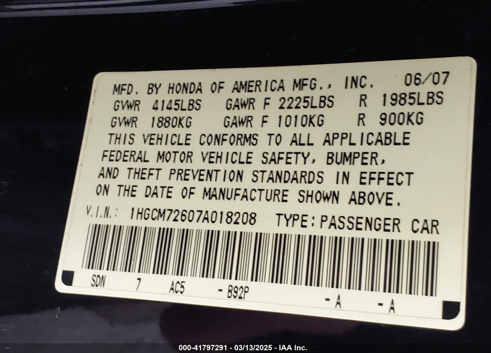 2007 HONDA ACCORD VIN: 1HGCM72607A018208