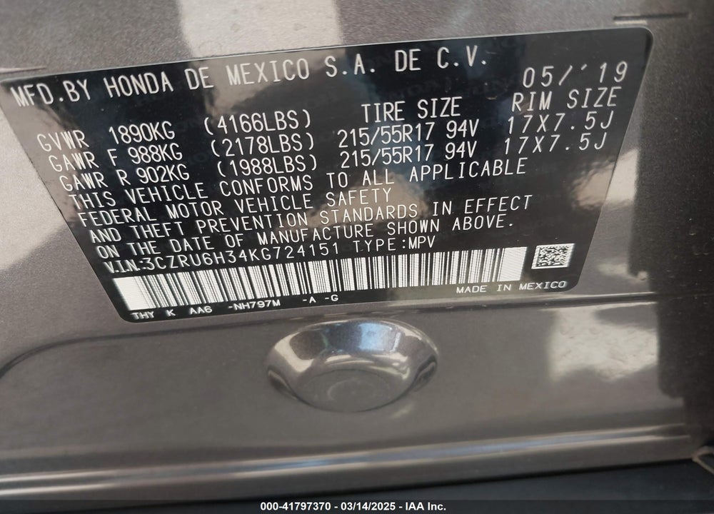 2019 HONDA HR-V VIN: 3CZRU6H34KG724151