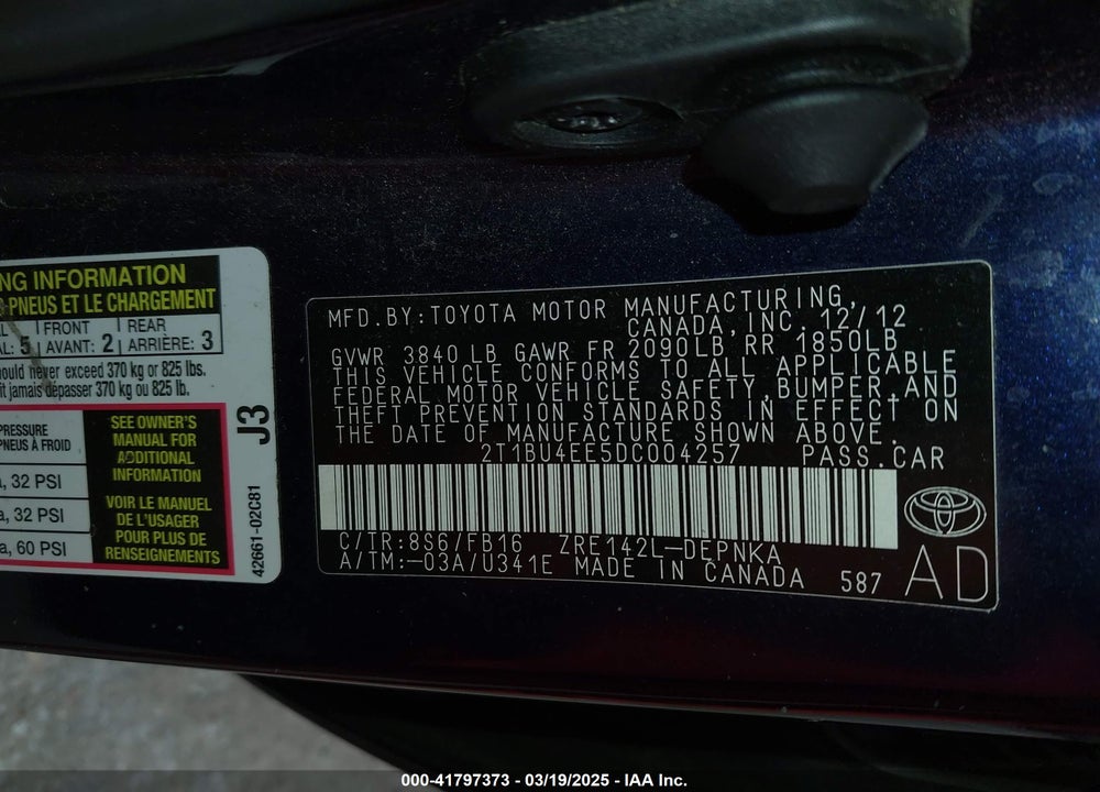 2013 TOYOTA COROLLA VIN: 2T1BU4EE5DC004257