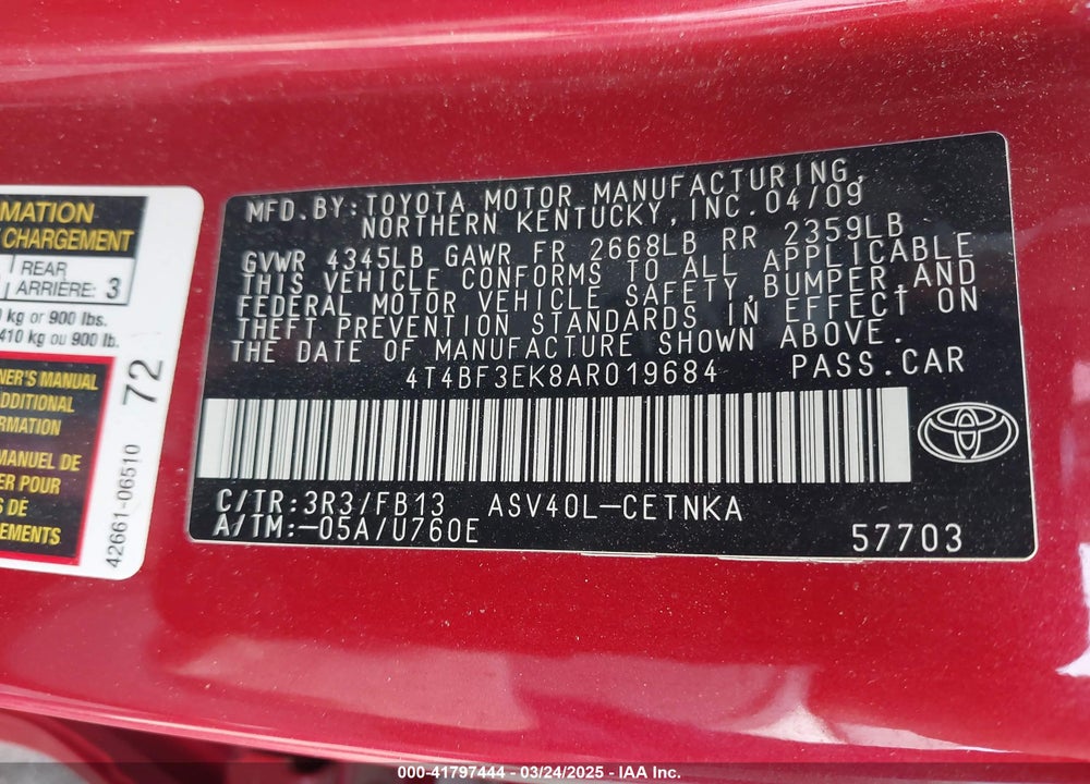 2010 TOYOTA CAMRY VIN: 4T4BF3EK8AR019684