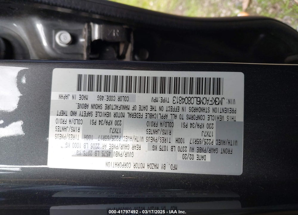 2020 MAZDA CX-5 TOURING VIN: JM3KFACM6L0804813