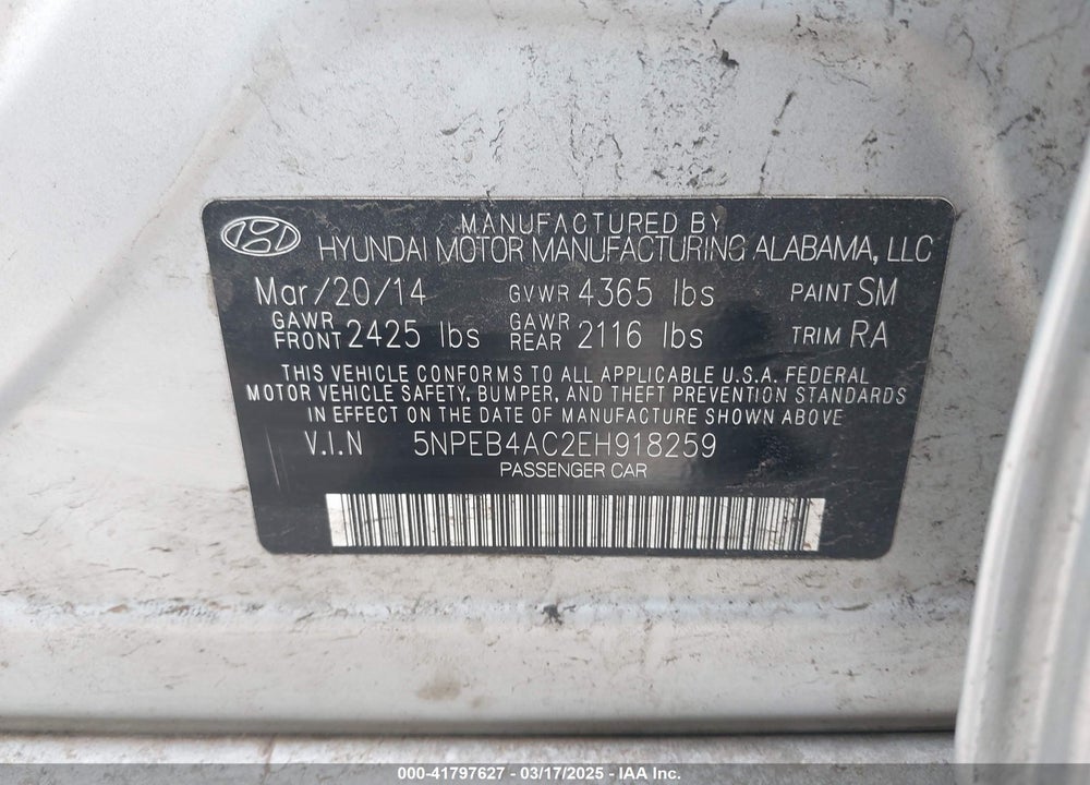 2014 HYUNDAI SONATA VIN: 5NPEB4AC2EH918259