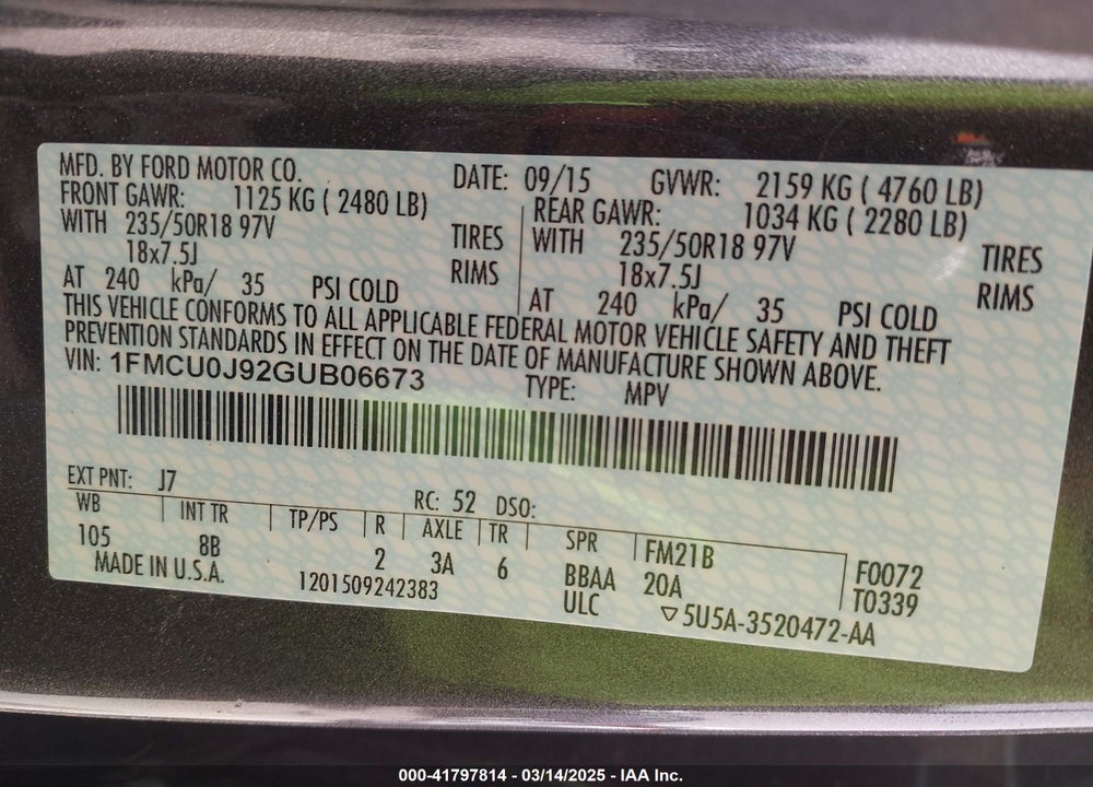 2016 FORD ESCAPE VIN: 1FMCU0J92GUB06673