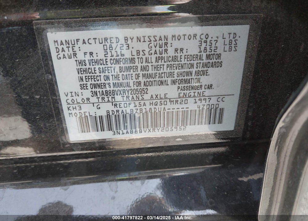 2024 NISSAN SENTRA VIN: 3N1AB8BVXRY205952