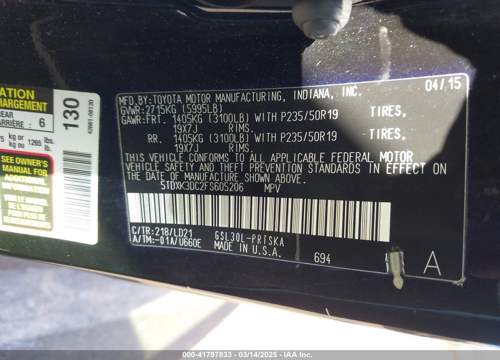 2015 TOYOTA SIENNA SE 8 PASSENGER/SE PREMIUM 8 PASSENGER VIN: 5TDXK3DC2FS605206