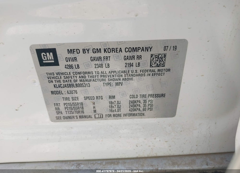 2020 BUICK ENCORE VIN: KL4CJASB9LB005313