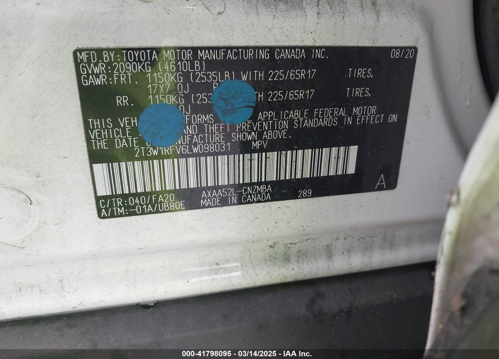 2020 TOYOTA RAV4 XLE VIN: 2T3W1RFV6LW098031