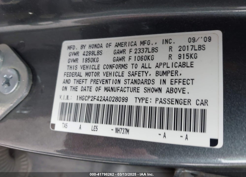 2010 HONDA ACCORD VIN: 1HGCP2F42AA028099