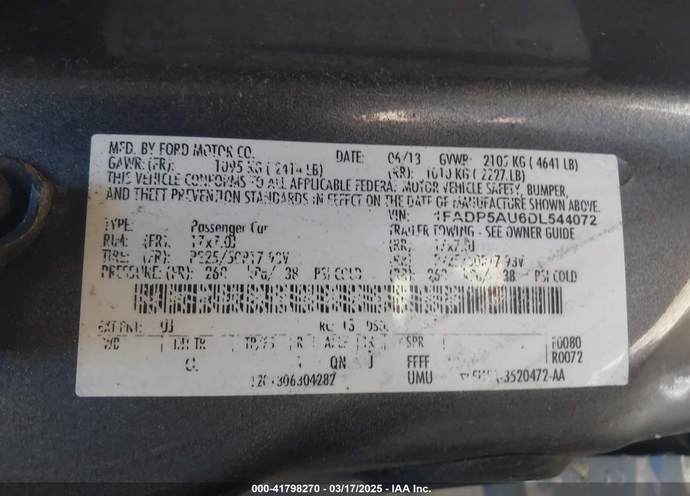 2013 FORD C-MAX HYBRID VIN: 1FADP5AU6DL544072