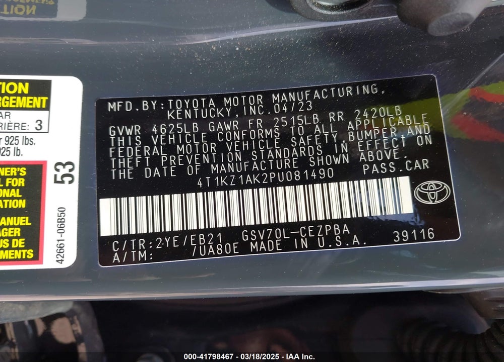 2023 TOYOTA CAMRY VIN: 4T1KZ1AK2PU081490