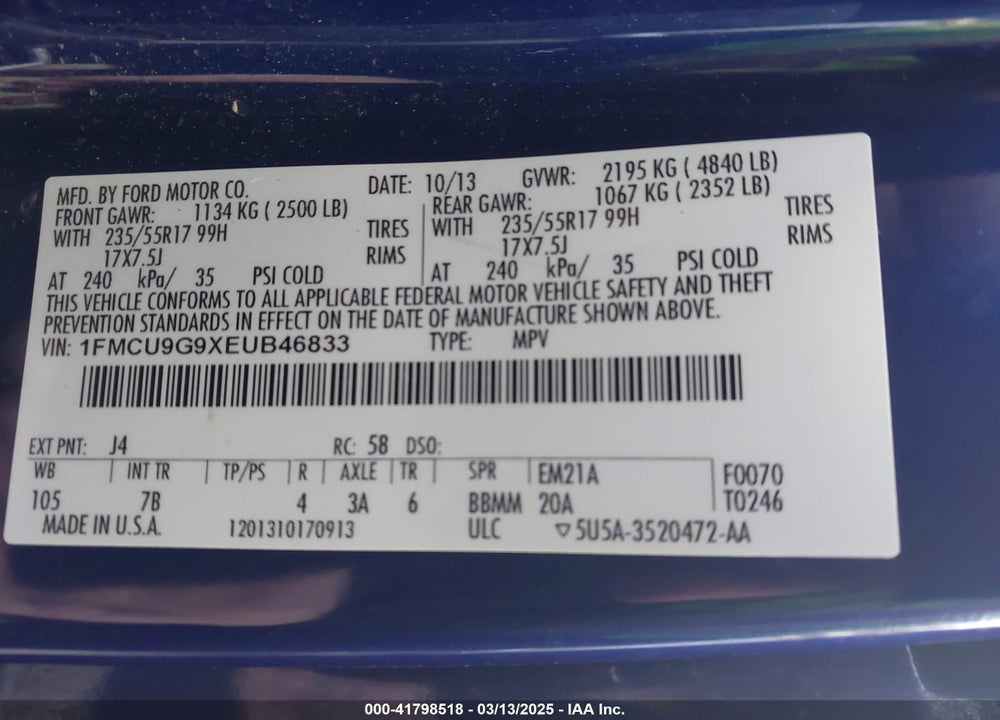 2014 FORD ESCAPE VIN: 1FMCU9G9XEUB46833