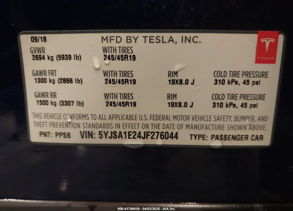 2018 TESLA MODEL S 100D/75D/P100D VIN: 5YJSA1E24JF276044