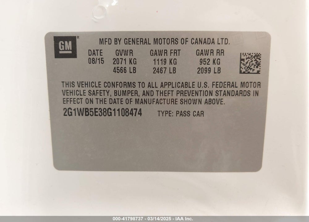 2016 CHEVROLET IMPALA LIMITED LT VIN: 2G1WB5E38G1108474
