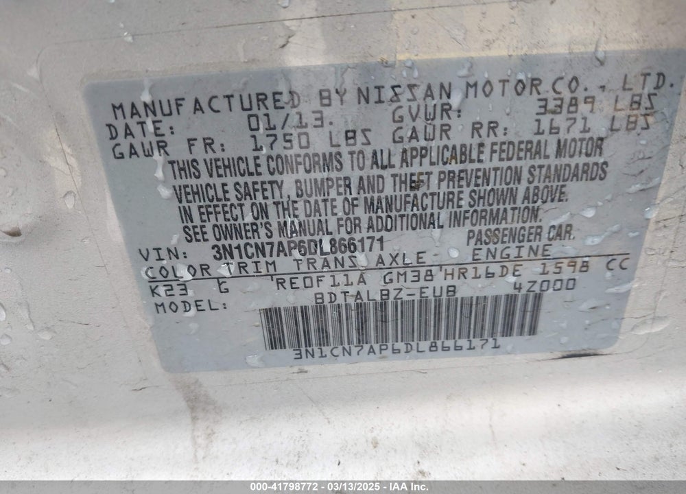 2013 NISSAN VERSA VIN: 3N1CN7AP6DL866171
