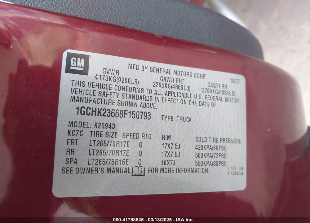 2008 CHEVROLET SILVERADO 2500HD LTZ VIN: 1GCHK23668F150793