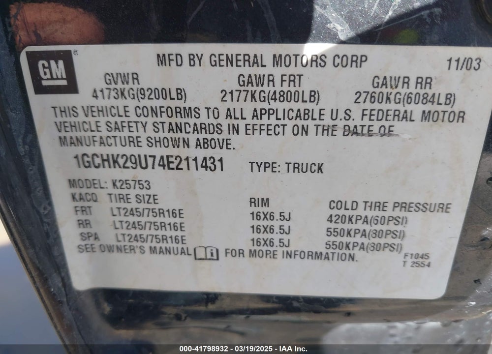 2004 CHEVROLET SILVERADO 2500HD LS VIN: 1GCHK29U74E211431