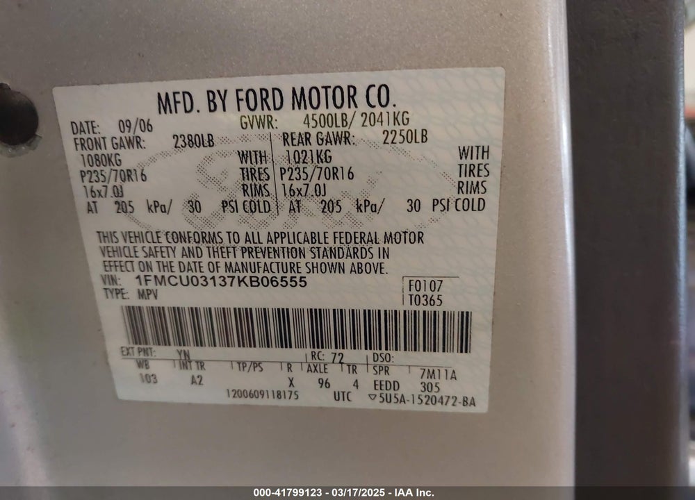 2007 FORD ESCAPE XLT/XLT SPORT VIN: 1FMCU03137KB06555
