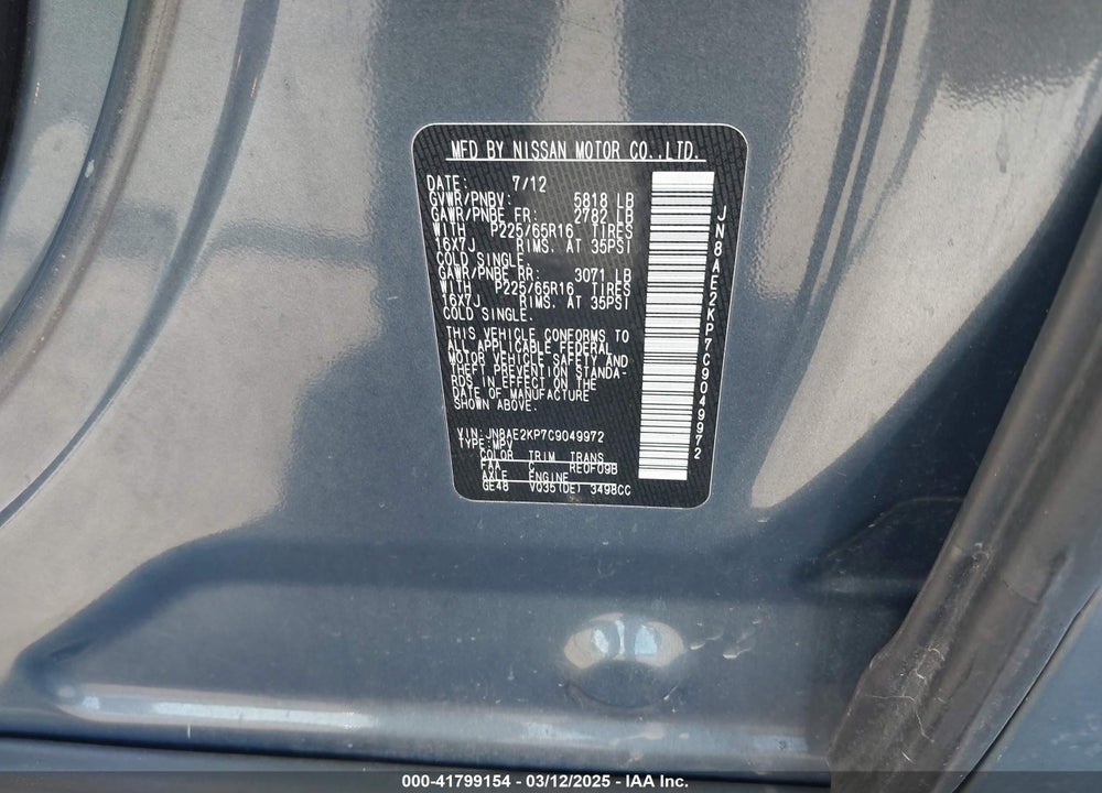 2012 NISSAN QUEST VIN: JN8AE2KP7C9049972