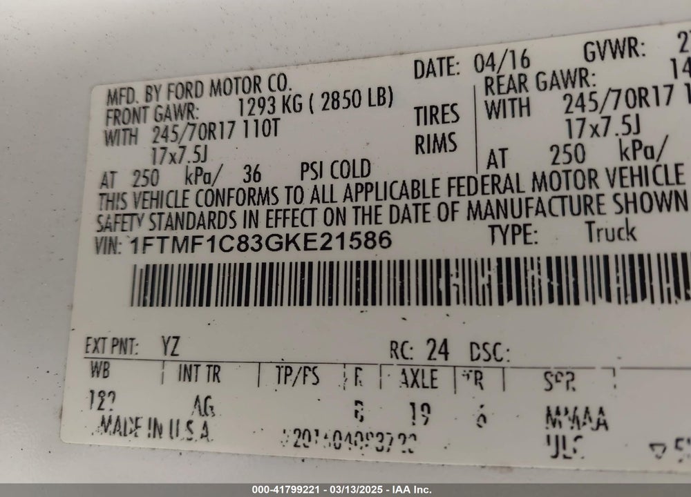 2016 FORD F-150 VIN: 1FTMF1C83GKE21586
