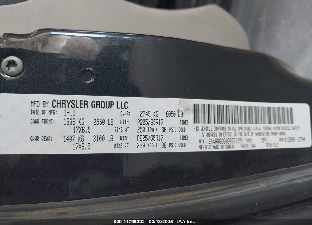2011 CHRYSLER TOWN & COUNTRY LIMITED VIN: 2A4RR6DG0BR671291