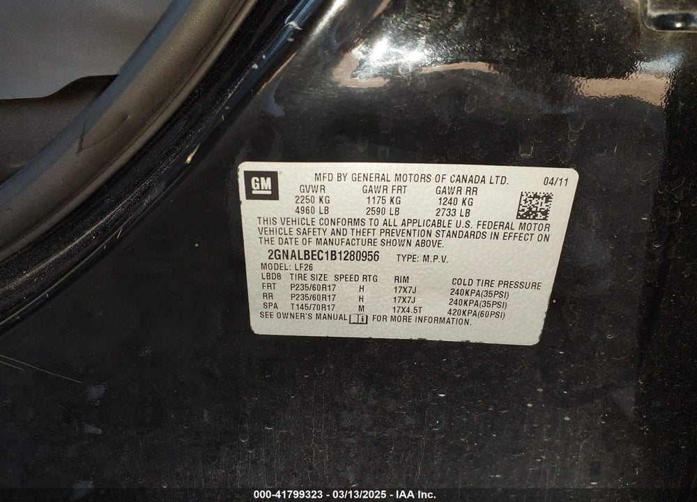 2011 CHEVROLET EQUINOX VIN: 2GNALBEC1B1280956