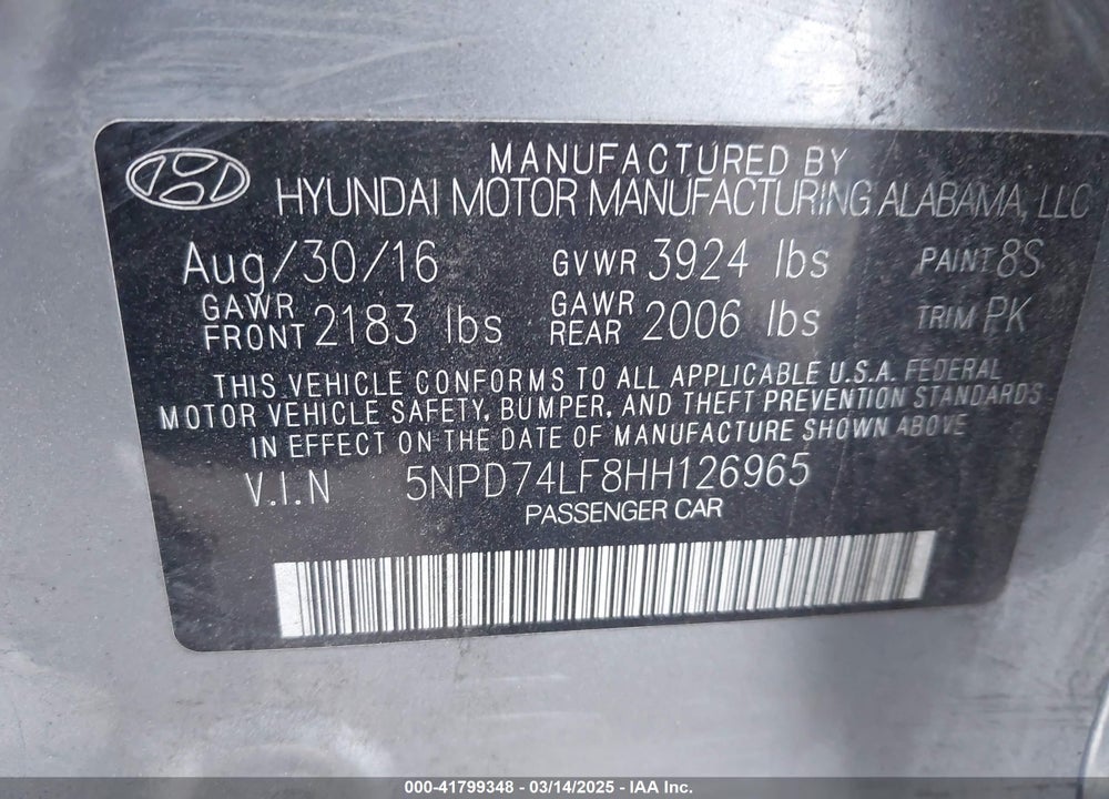 2017 HYUNDAI ELANTRA VIN: 5NPD74LF8HH126965
