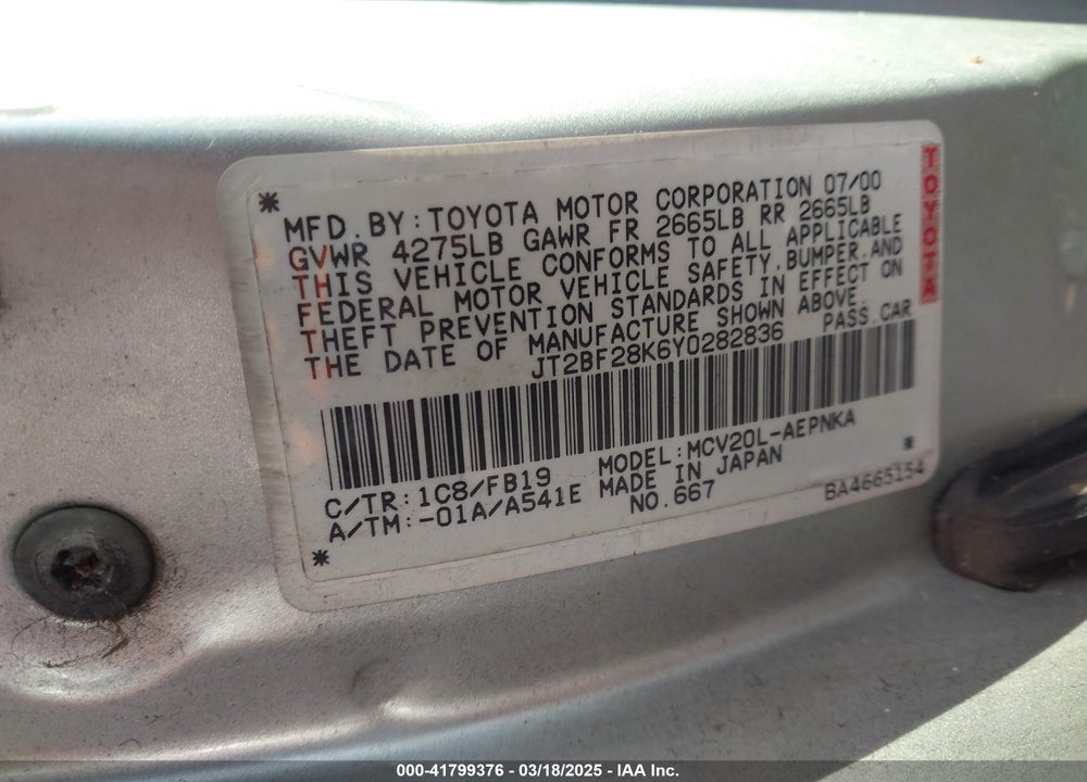 2000 TOYOTA CAMRY LE V6 VIN: JT2BF28K6Y0282836