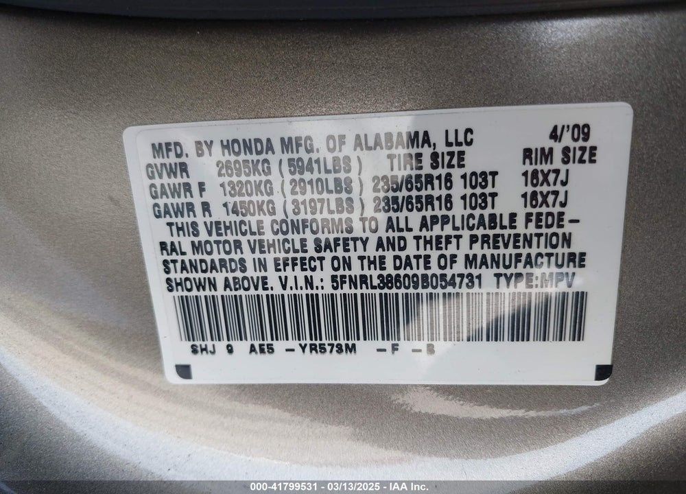 2009 HONDA ODYSSEY VIN: 5FNRL38609B054731