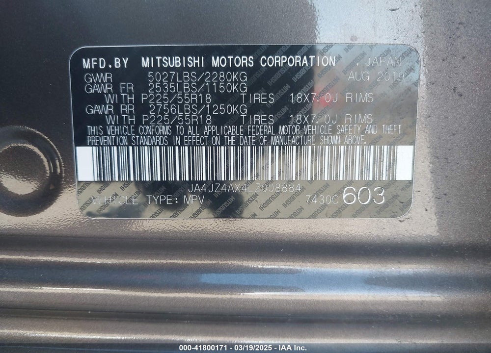 2020 MITSUBISHI OUTLANDER VIN: JA4JZ4AX4LZ008884