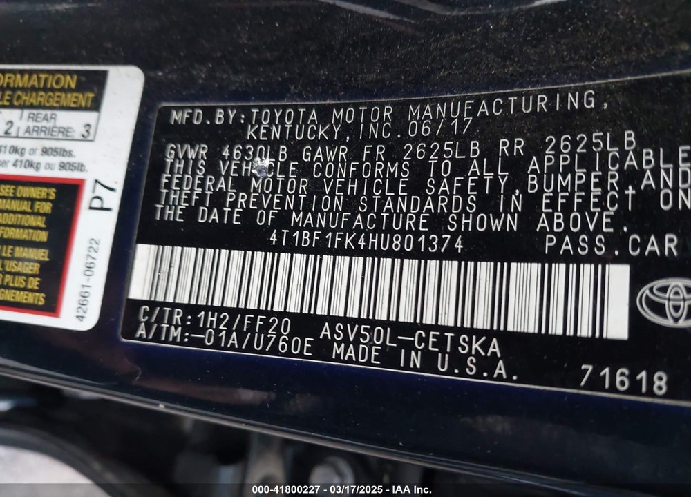 2017 TOYOTA CAMRY VIN: 4T1BF1FK4HU801374