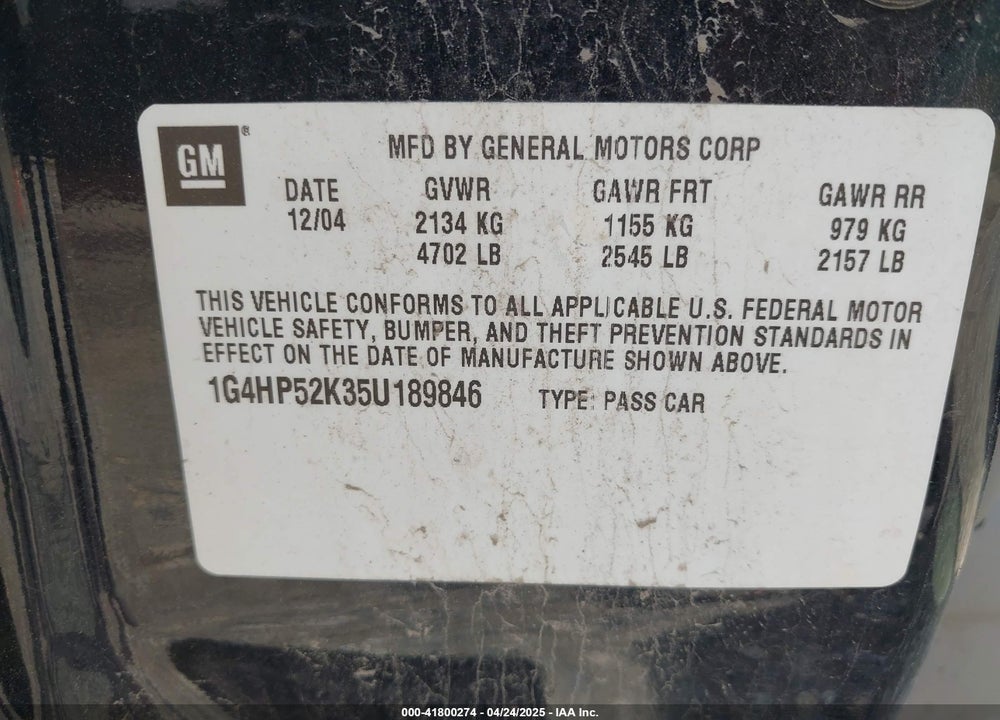 2005 BUICK LESABRE CUSTOM VIN: 1G4HP52K35U189846