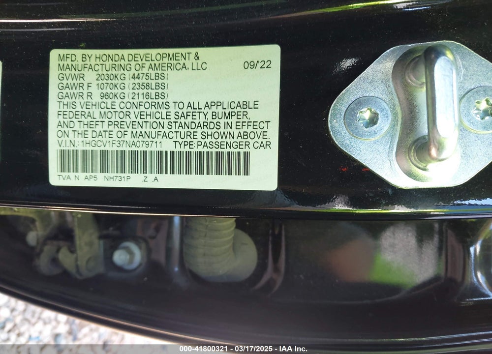 2022 HONDA ACCORD SPORT VIN: 1HGCV1F37NA079711