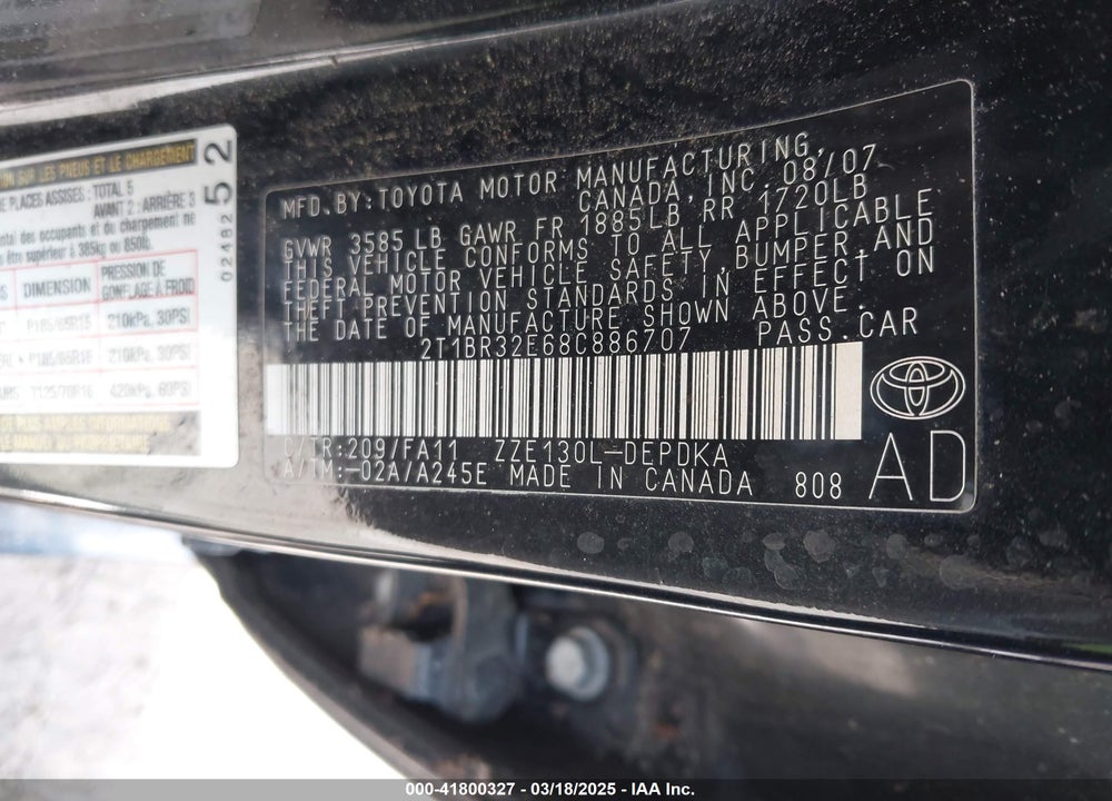 2008 TOYOTA COROLLA VIN: 2T1BR32E68C886707