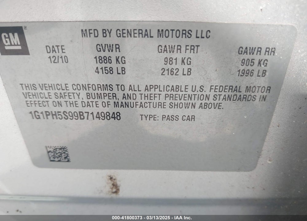 2011 CHEVROLET CRUZE VIN: 1G1PH5S99B7149848