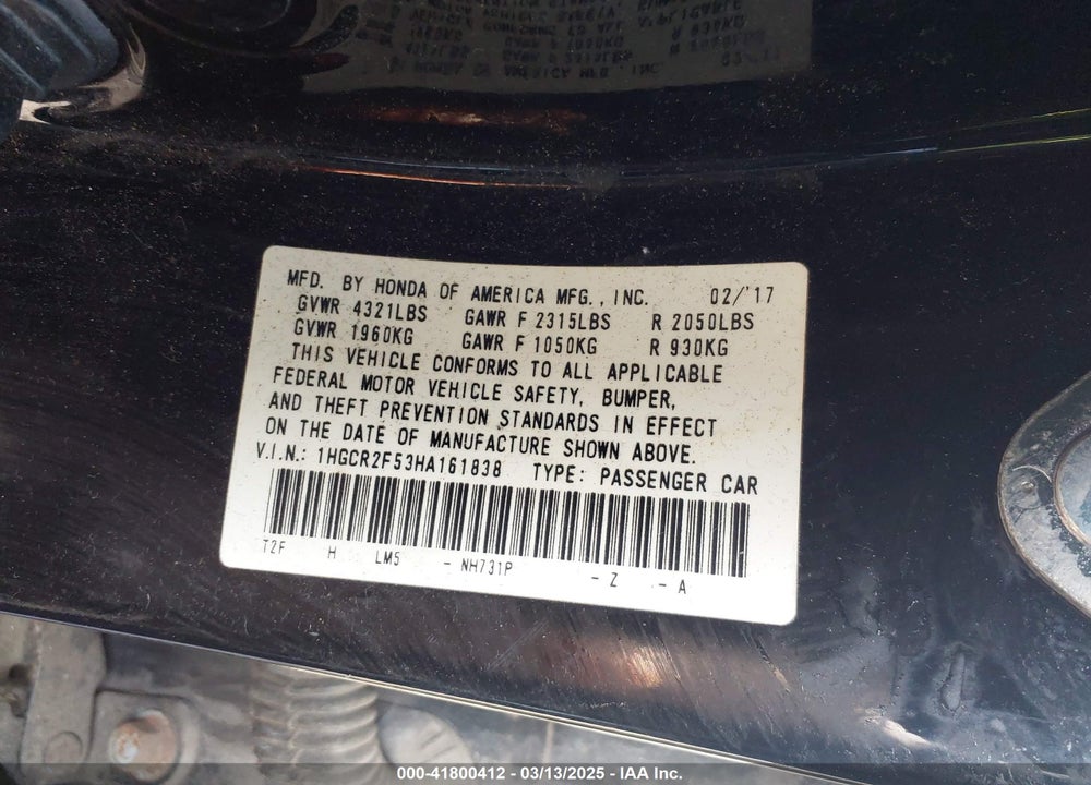 2017 HONDA ACCORD VIN: 1HGCR2F53HA161838