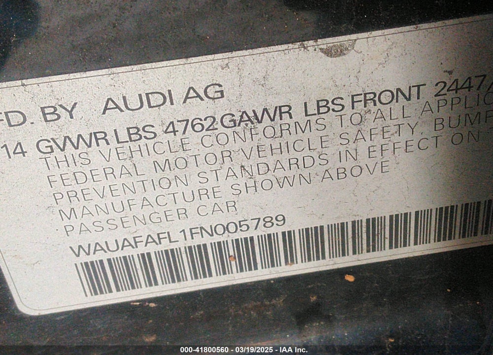 2015 AUDI A4 VIN: WAUAFAFL1FN005789