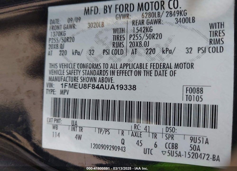 2010 FORD EXPLORER VIN: 1FMEU8F84AUA19338