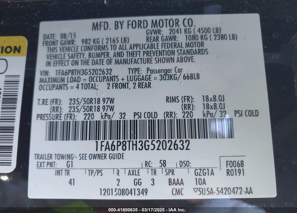 2016 FORD MUSTANG VIN: 1FA6P8TH3G5202632