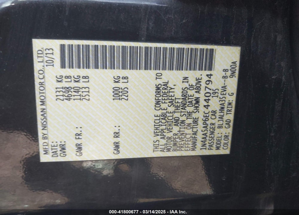 2014 NISSAN MAXIMA VIN: 1N4AA5AP6EC440794