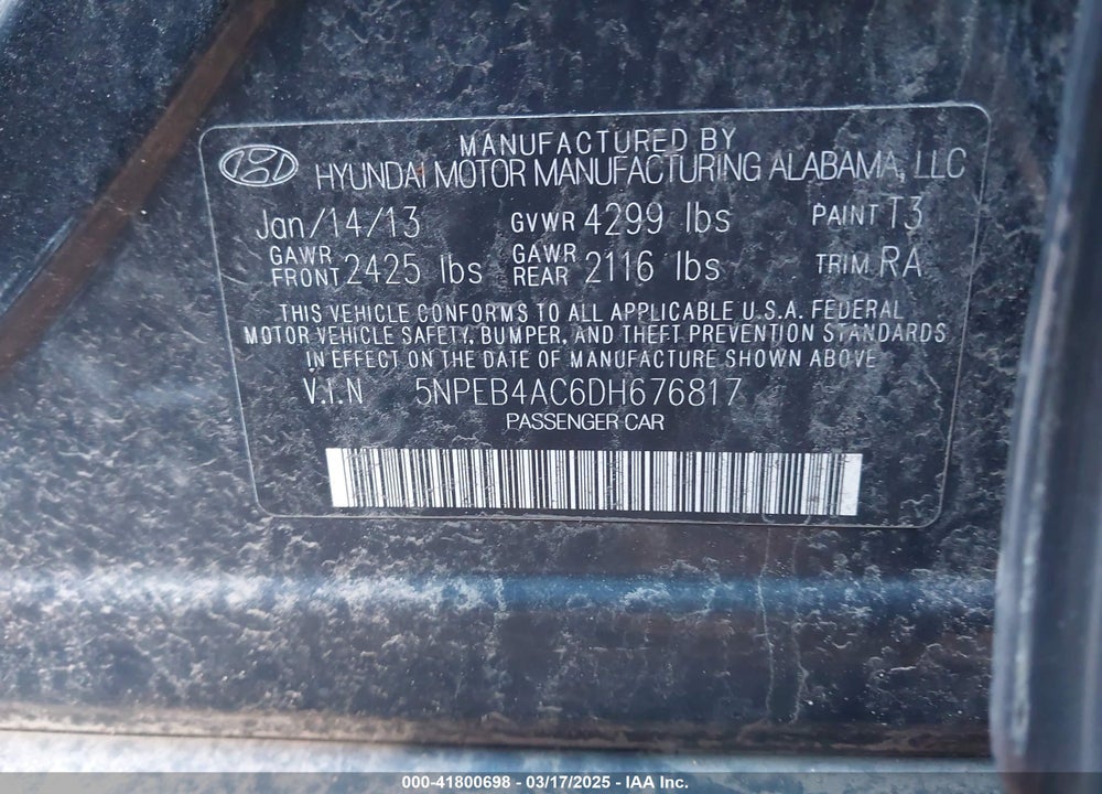2013 HYUNDAI SONATA GLS VIN: 5NPEB4AC6DH676817