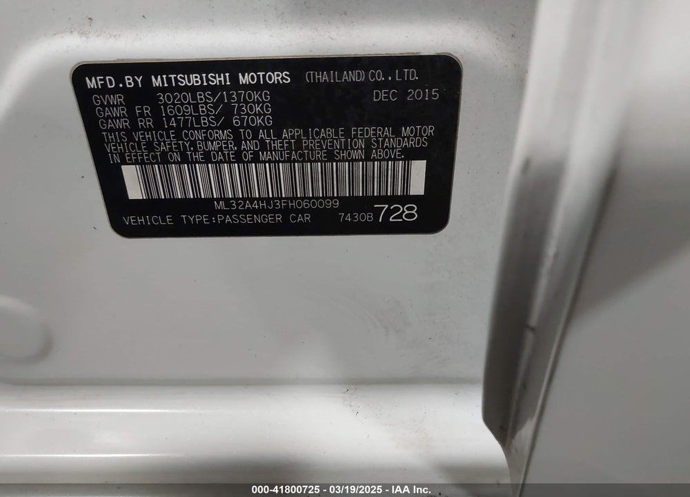 2015 MITSUBISHI MIRAGE VIN: ML32A4HJ3FH060099