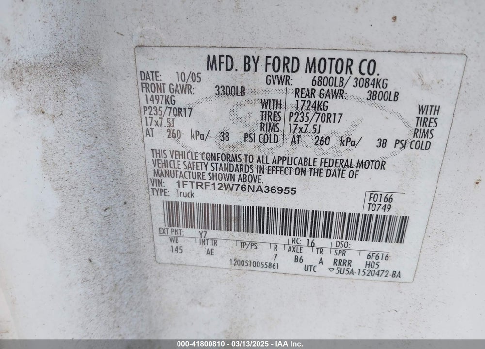 2006 FORD F-150 STX/XL/XLT VIN: 1FTRF12W76NA36955