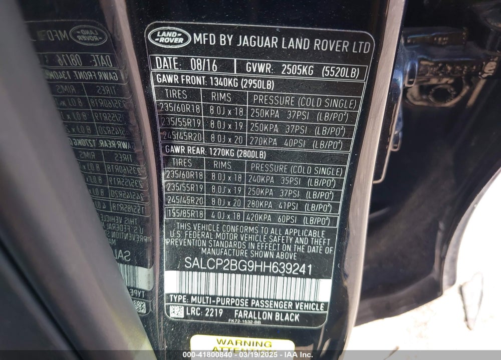2017 LAND ROVER DISCOVERY SPORT VIN: SALCP2BG9HH639241