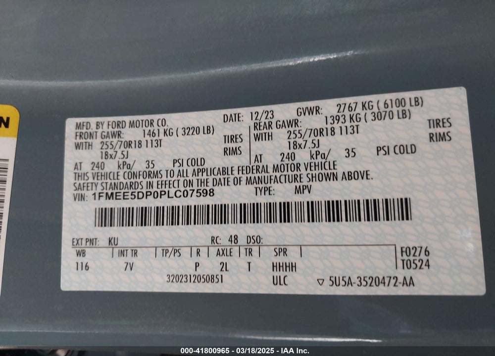 2023 FORD BRONCO VIN: 1FMEE5DP0PLC07598