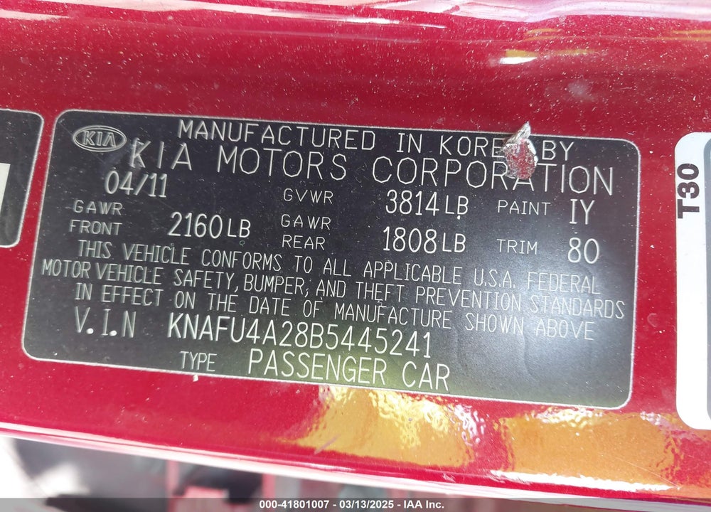 2011 KIA FORTE EX VIN: KNAFU4A28B5445241