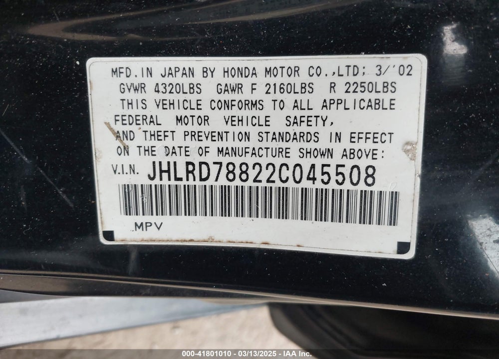 2002 HONDA CR-V VIN: JHLRD78822C045508